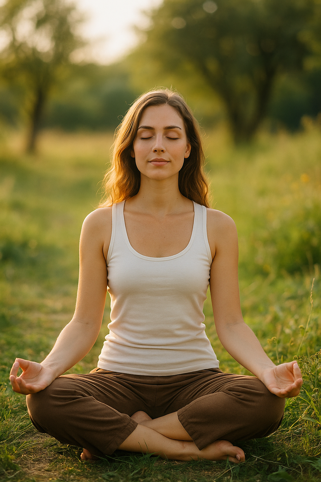 A serene woman meditating outdoors, symbolizing inner balance and hormonal harmony with CellCore S-TRO.
