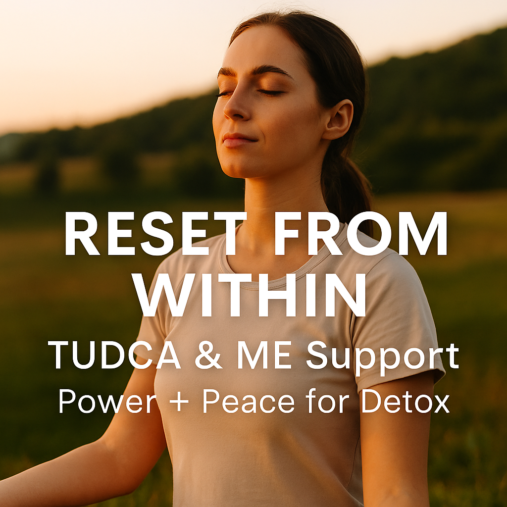 A serene woman meditates outdoors at sunset, eyes closed in calm focus, with text overlay reading “RESET FROM WITHIN – TUDCA & ME Support: Power + Peace for Detox.”