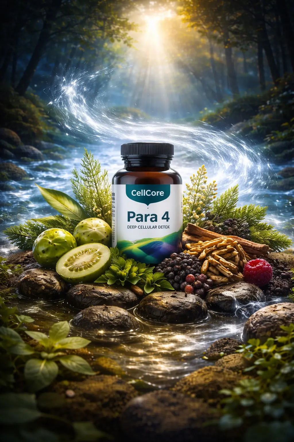 Para 4 bottle in forest stream with herbs, symbolizing deep cellular detox and restoration.