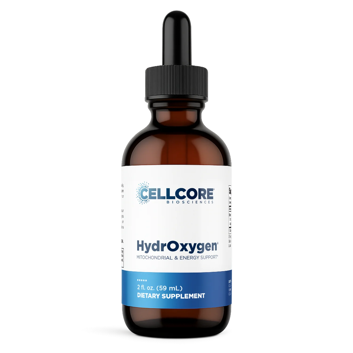 HydrOxygen bottle with oxygen-themed design representing cellular oxygen support.