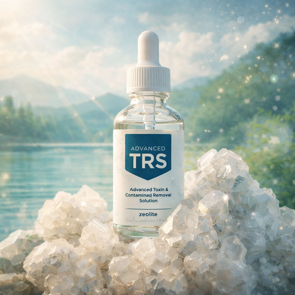 Advanced TRS bottle placed on natural zeolite crystals with mountains and water in the background.