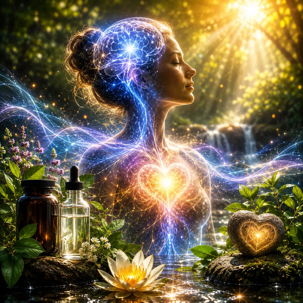 Meditative woman with glowing brain and heart energy in nature, symbolizing mental clarity and heart coherence.