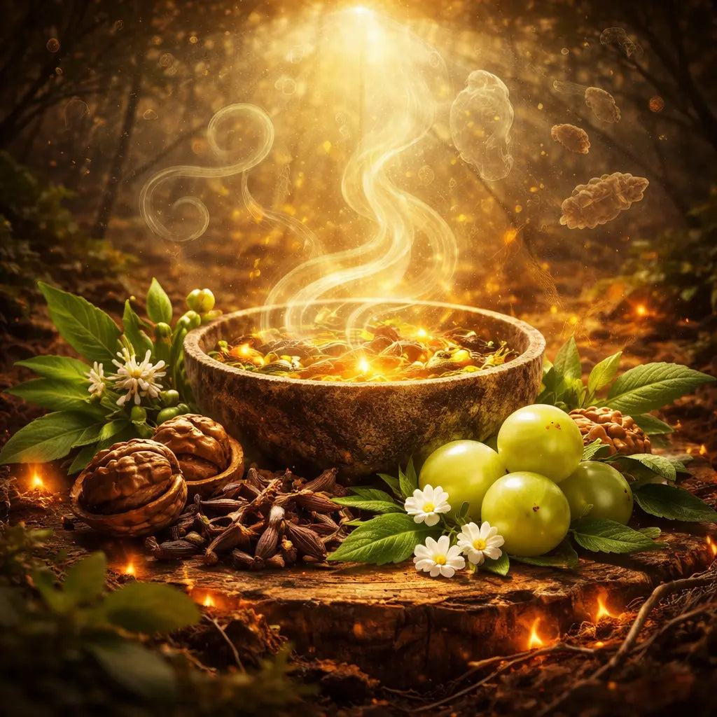 Herbal blend glowing in a forest setting, symbolizing parasite cleansing and digestive balance.