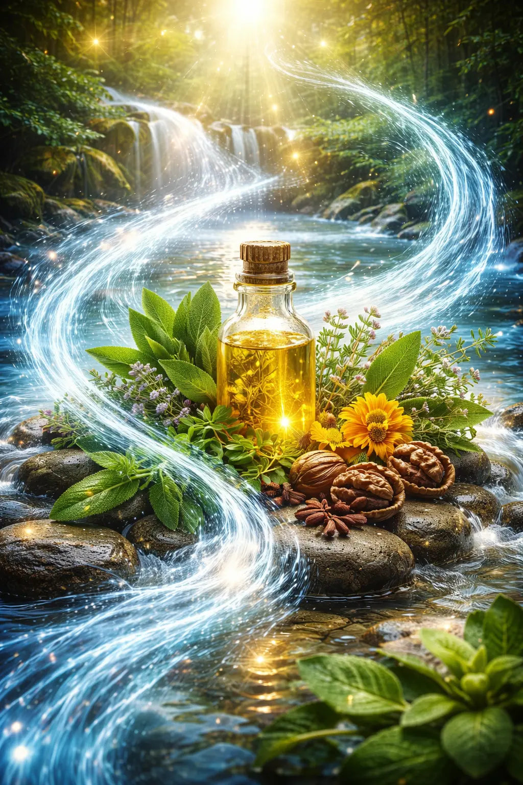 Flowing water and light surrounding herbal elements, symbolizing systemic detox and mental clarity.